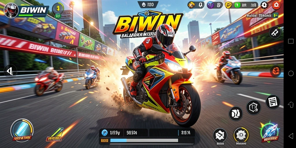 Tangkapan layar gameplay <strong>BIWIN</strong> menampilkan aksi balapan motor yang mendebarkan.