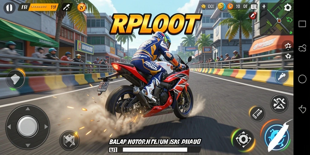 Screenshot utama RPLOOT yang menampilkan aksi balapan motor yang mendebarkan.