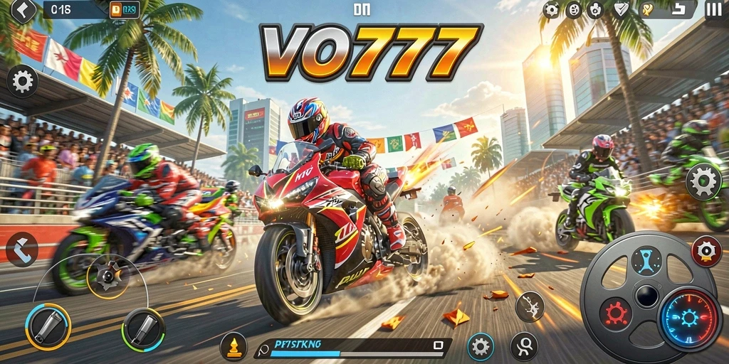 Screenshot utama VO777 menampilkan aksi balapan motor yang mendebarkan.